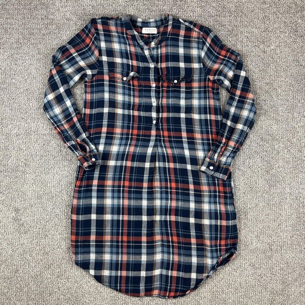 Velvet by Graham & Spencer Dress Womens Small Blue Red Plaid Pocket Shirt Tunic